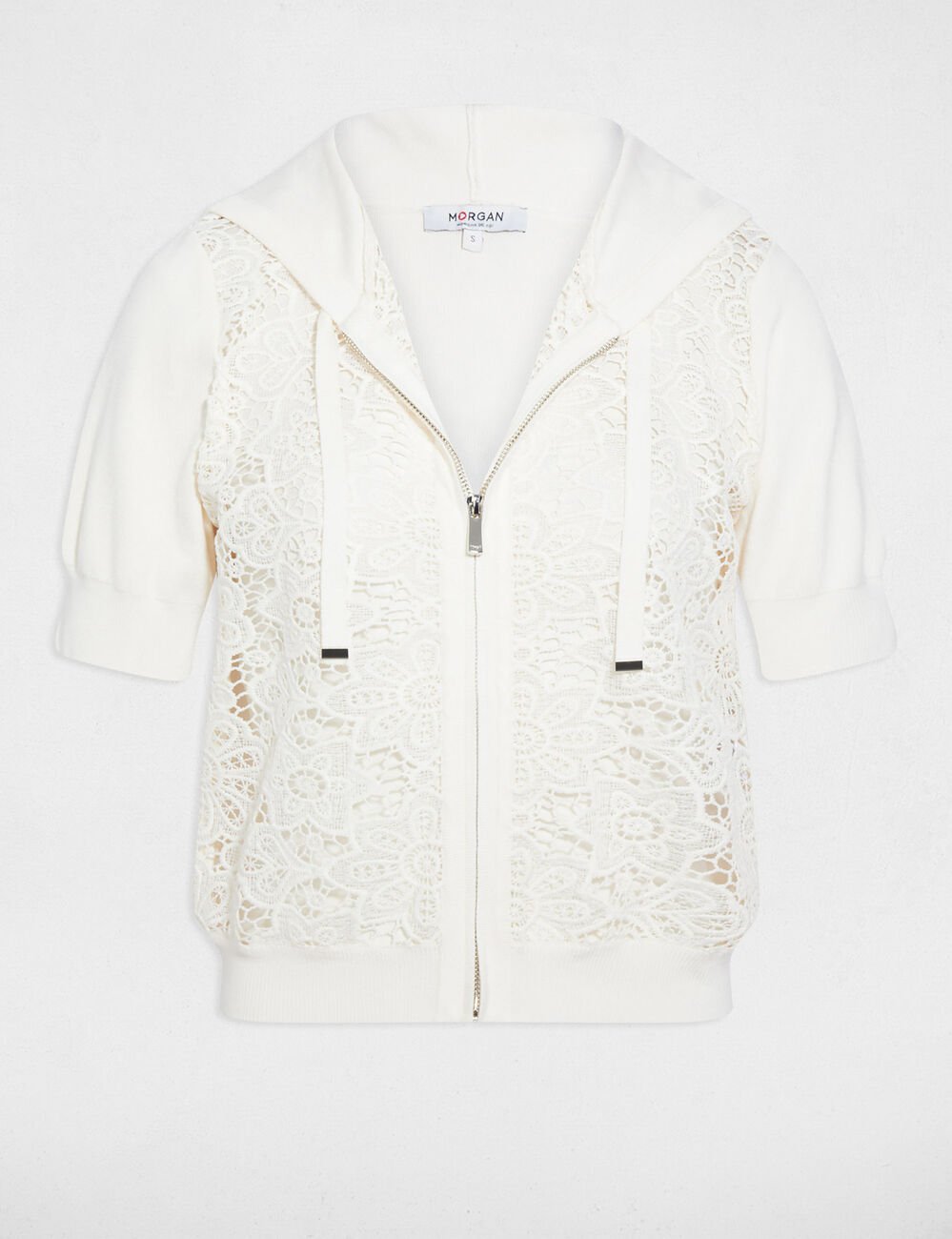 Kapuzencardigan mit kurzen &Auml;rmeln elfenbein damen