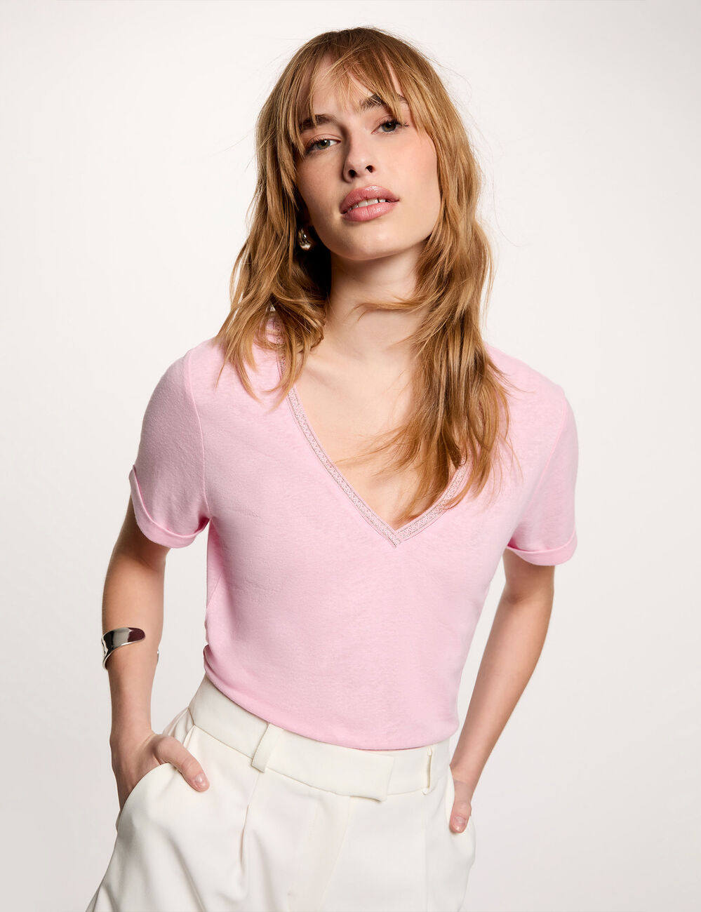 T-shirt col v perl&eacute; rose femme