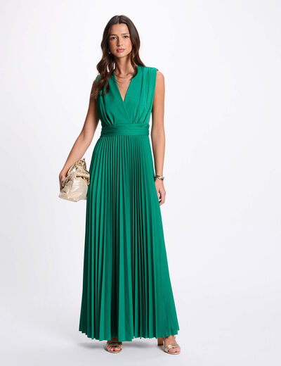 Robe longue droite plissée vert émeraude femme