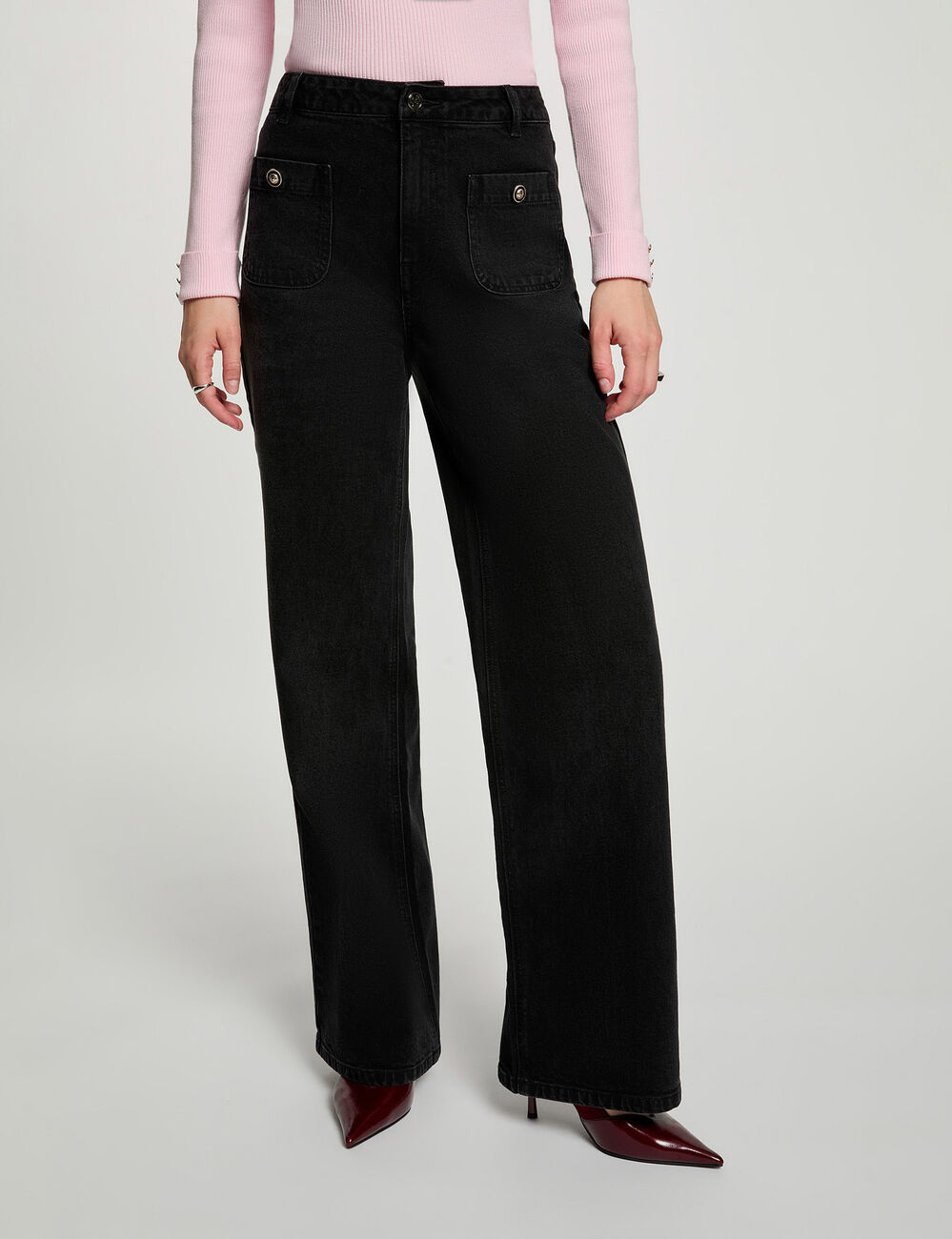 Weit geschnittene hochgeschnittene Hose schwarz denim damen