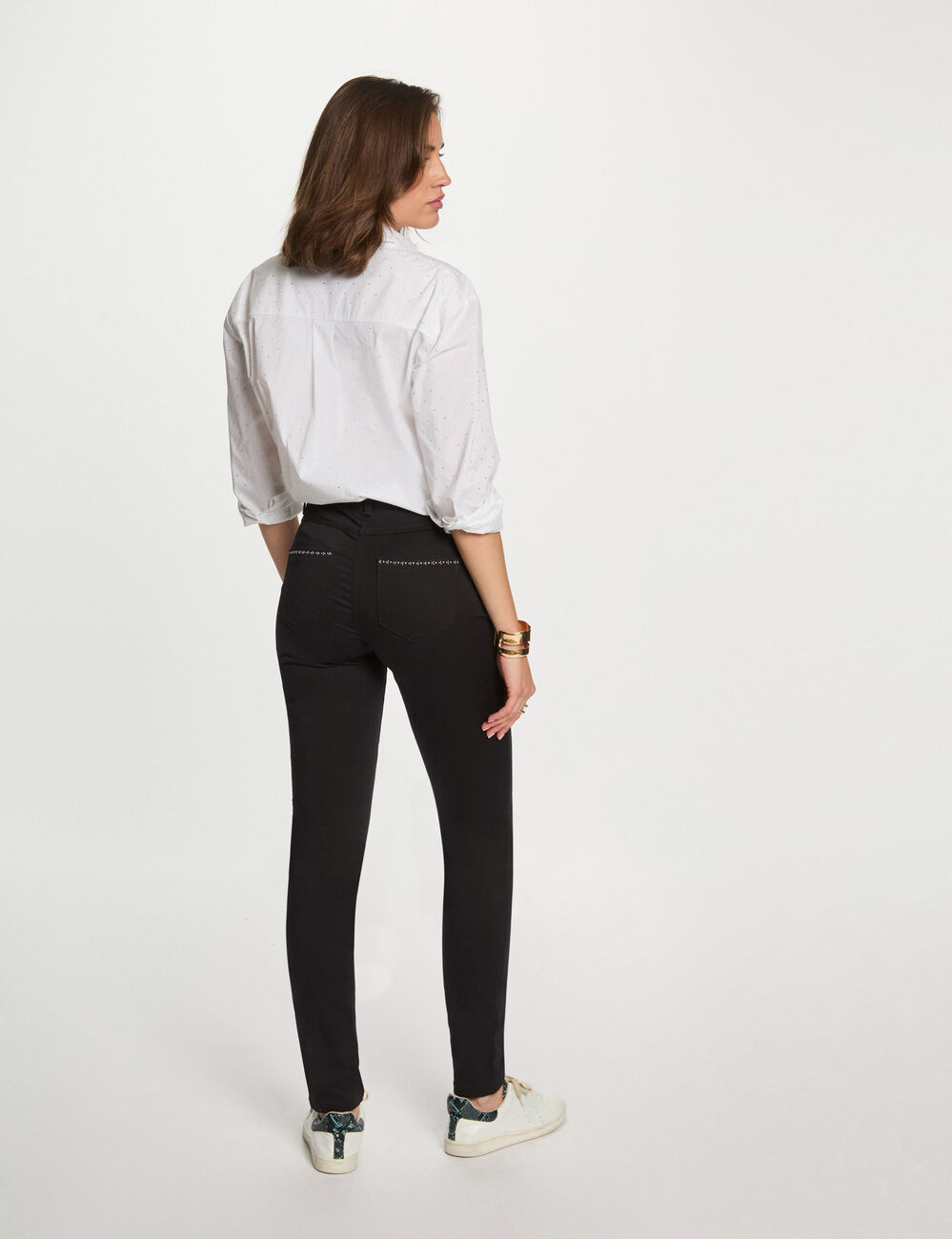 Pantalon slim enduit noir femme