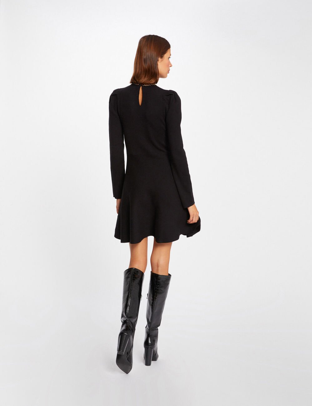 Robe tricot trap&egrave;ze avec boutons noir femme