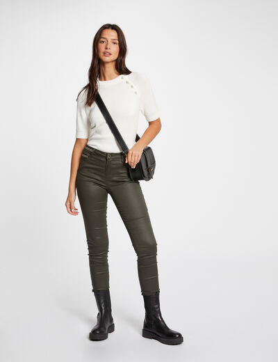 Pantalon slim enduit vert foncé femme