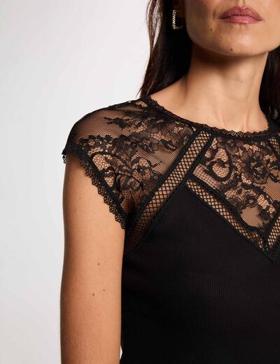 T-shirt dentelle col rond noir femme