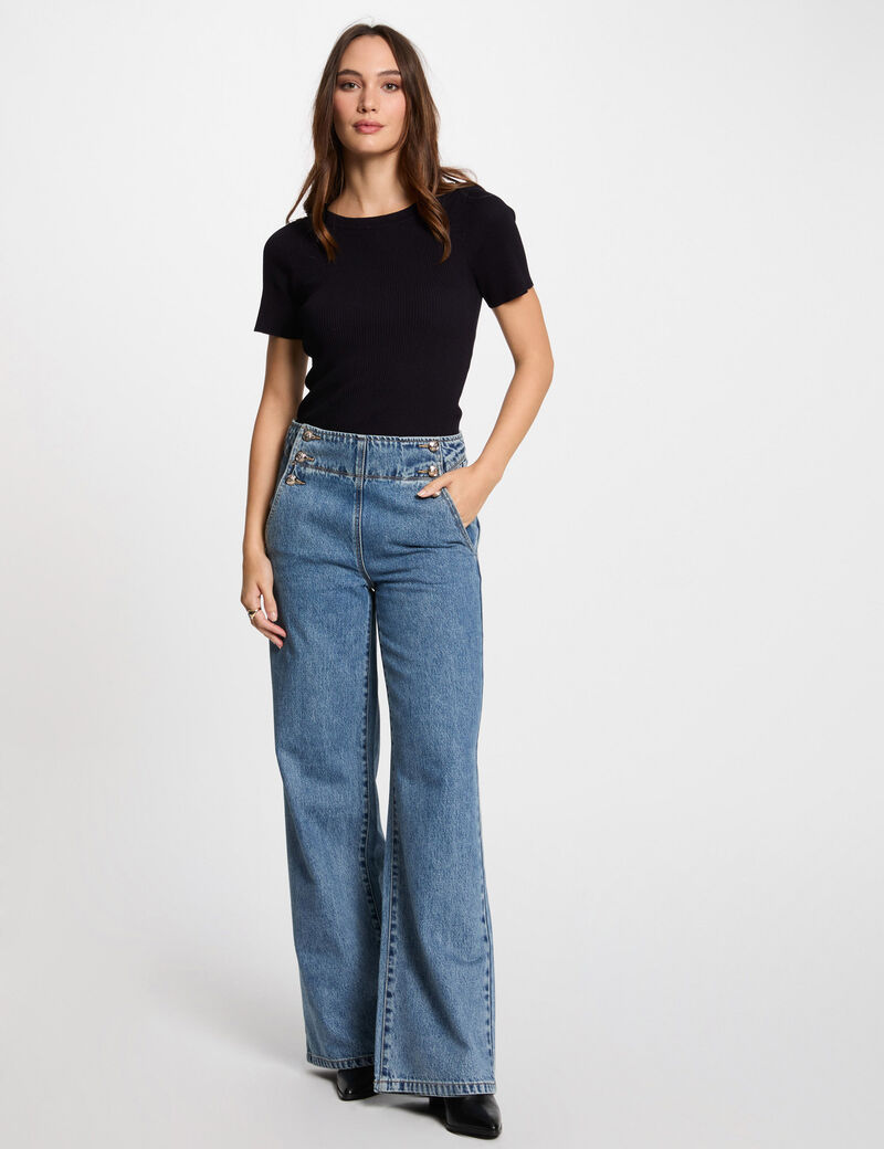 pull col bateau et boutons bleu marine femme Pull col bateau et boutons bleu marine femme