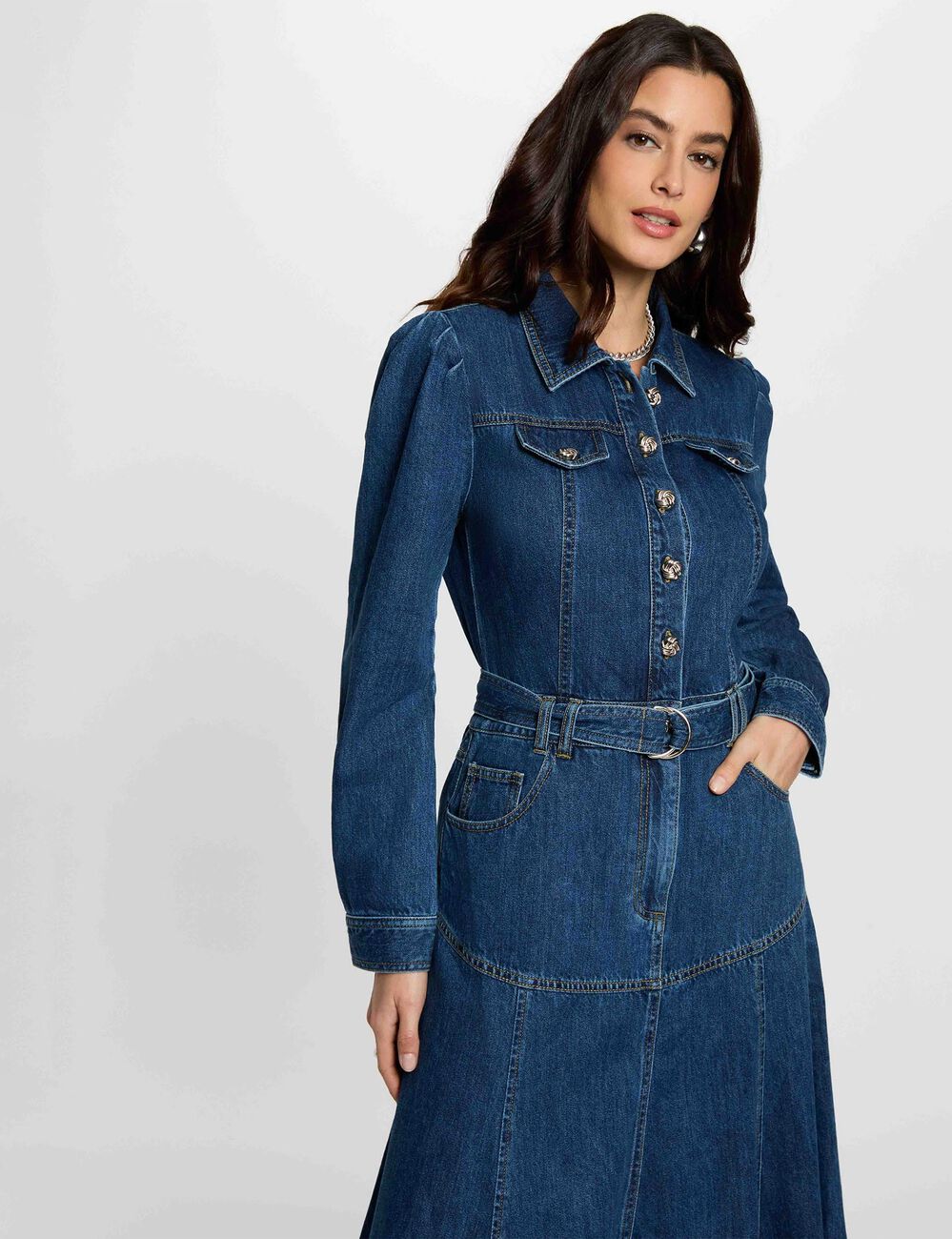 Robe longue ajust&eacute;e denim brut femme