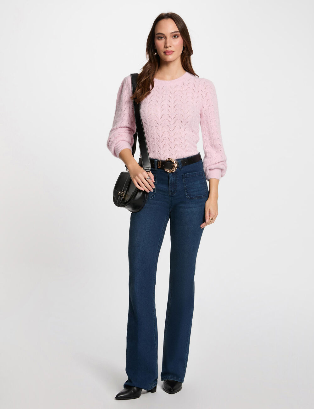 Pull col rond ajouré rose pastel femme