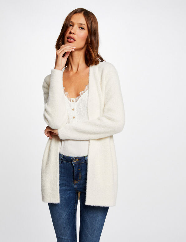 lange strickjacke mit flauschigem strick elfenbein damen Lange Strickjacke mit flauschigem Strick elfenbein damen