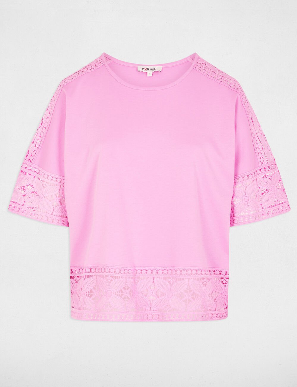 T-Shirt mit Rundhals und Spitze rosa damen