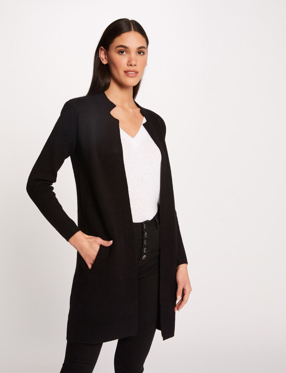 Gilet droit &agrave; col crant&eacute; noir femme