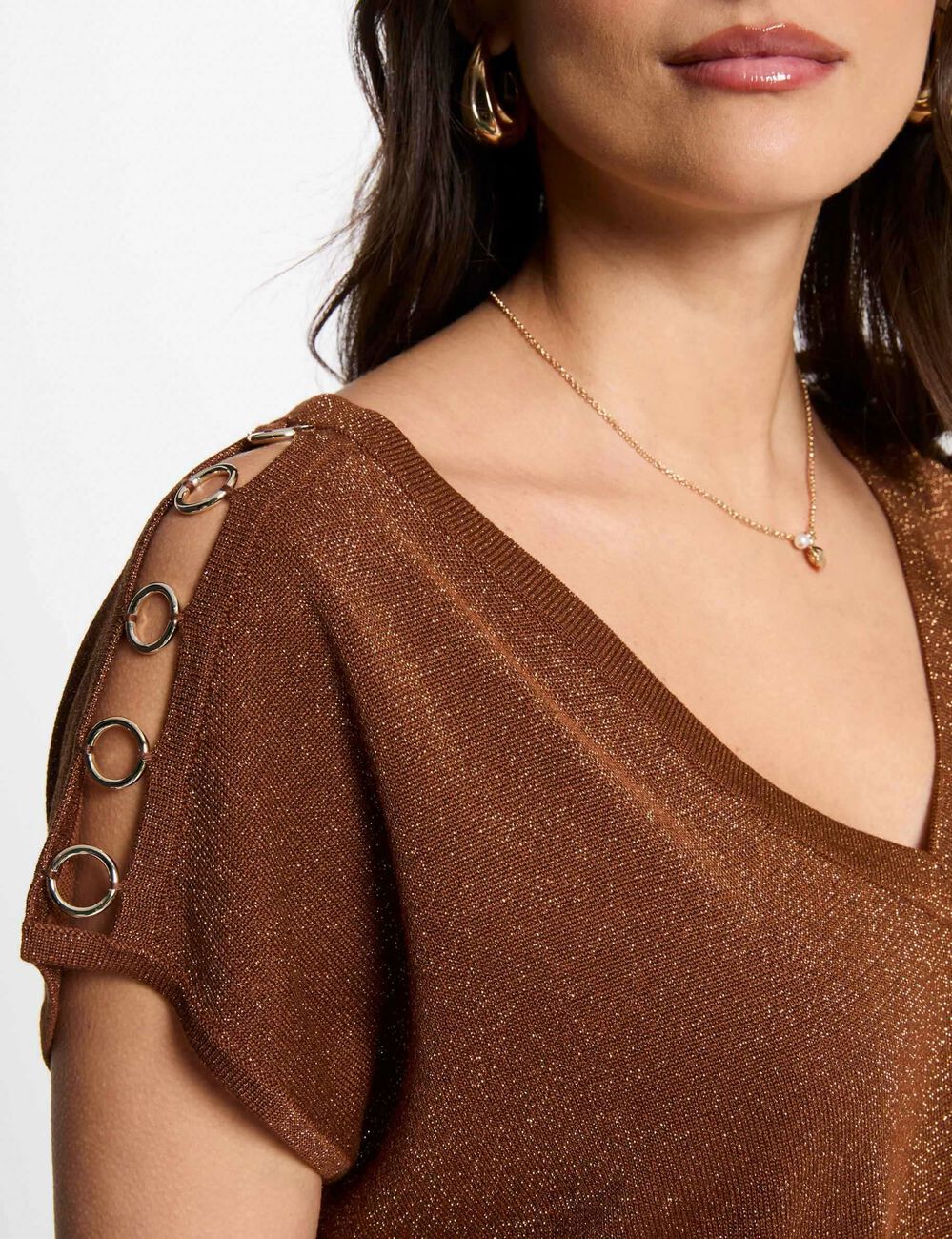 Pull col en V manches courtes marron cognac femme