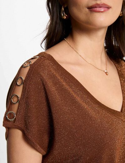 Kurzarm-Pullover mit V-Kragen cognacbraun damen