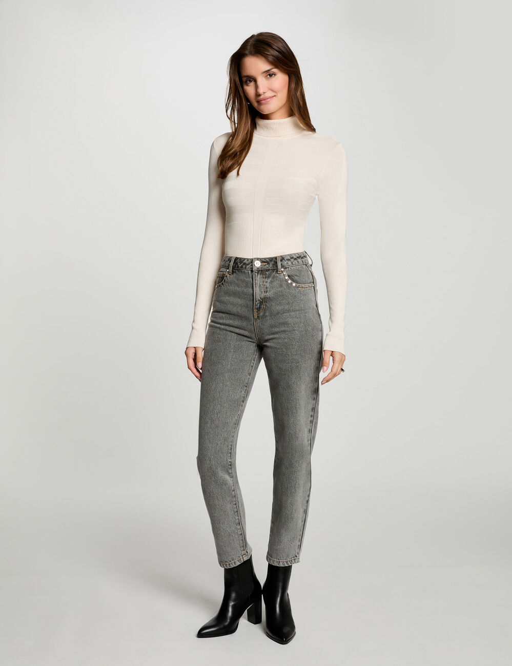 Pull manches longues col roulé ivoire femme