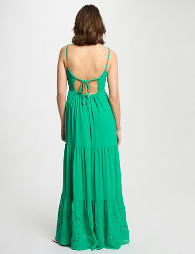 Robe longue fluide broderie vert émeraude femme