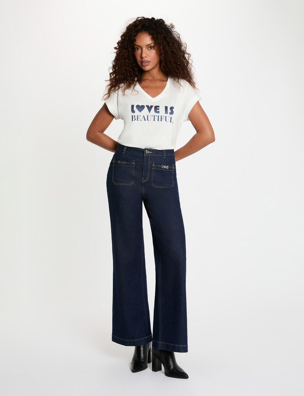 T-shirt col v manches courtes blanc femme