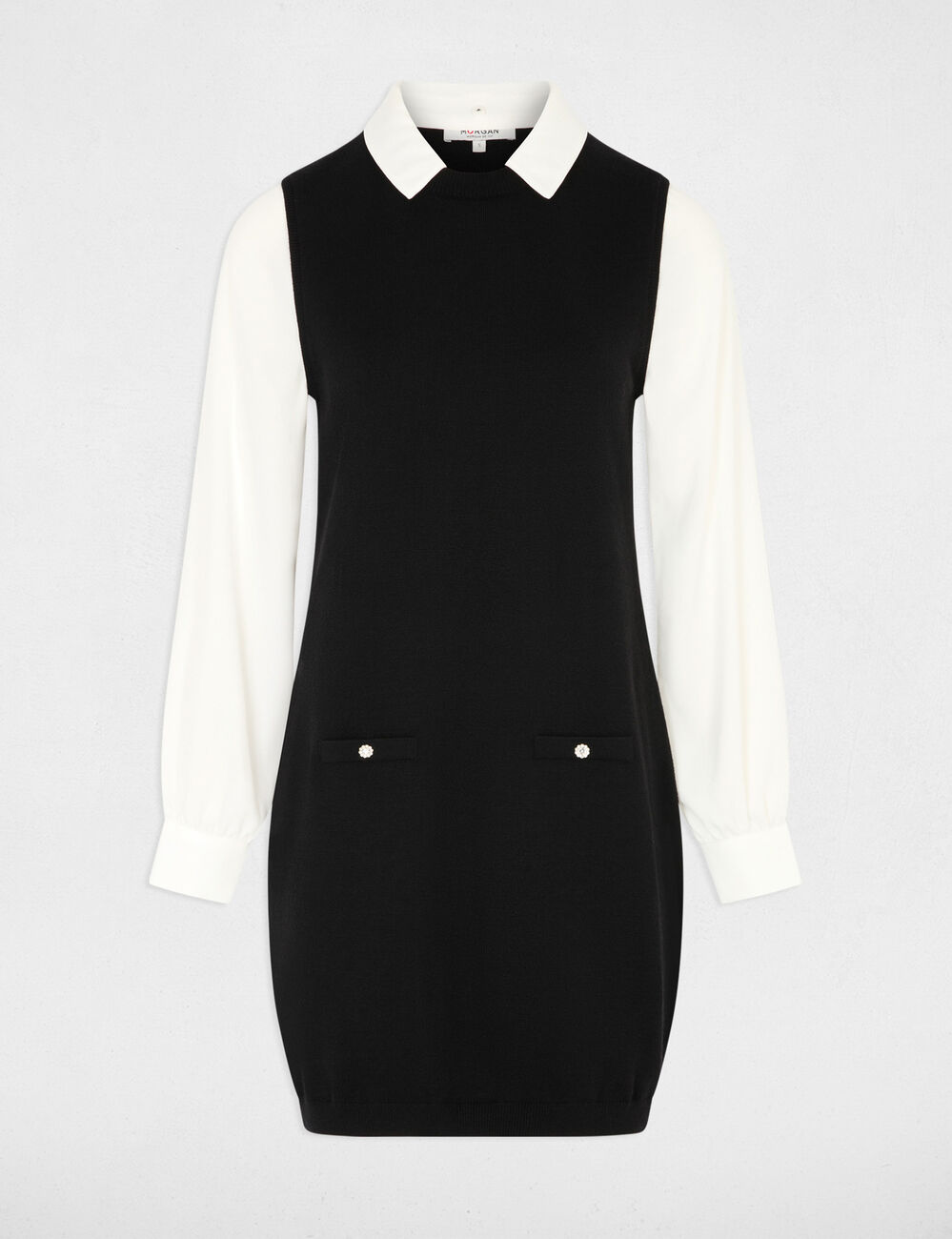 Robe tricot col &agrave; revers noir femme