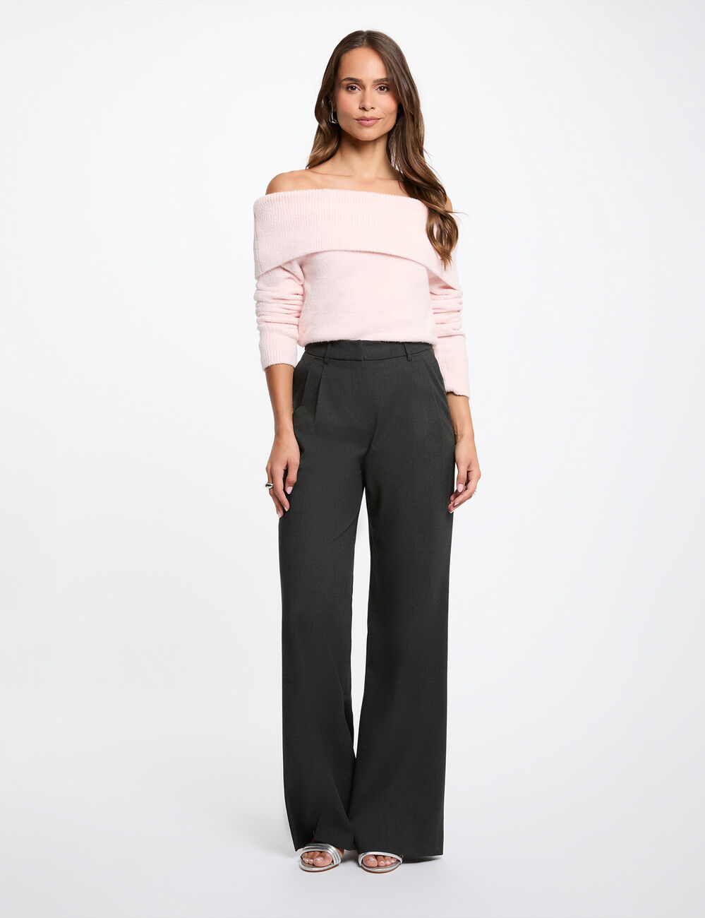 Pull col bardot rose clair femme