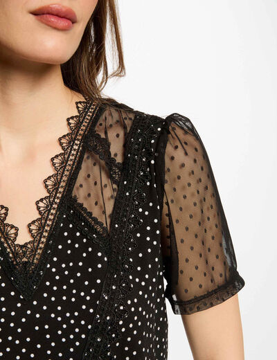 T-shirt manches courtes à pois noir femme