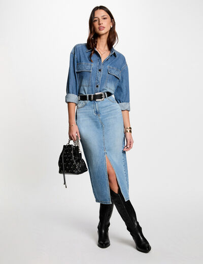 Jupe midi droite en jean denim stone femme