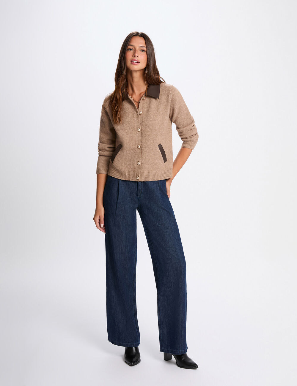 Veste ajust&eacute;e col &agrave; revers marron femme