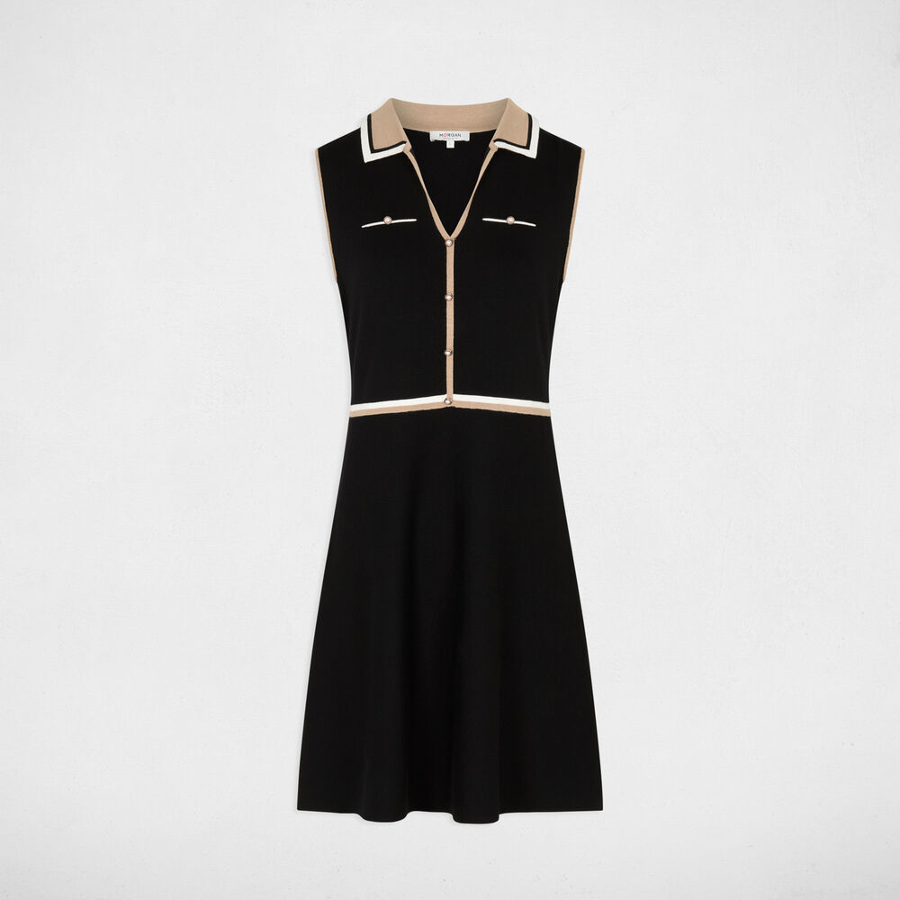 Robe tricot col &agrave; revers noir femme