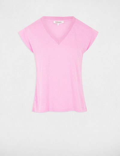 Kurzarm-T-Shirt und V-Kragen rosa damen