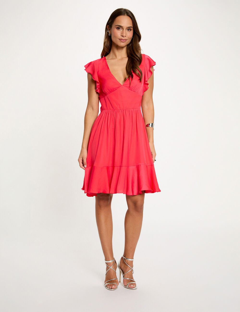 Robe satin dos ouvert rouge corail femme
