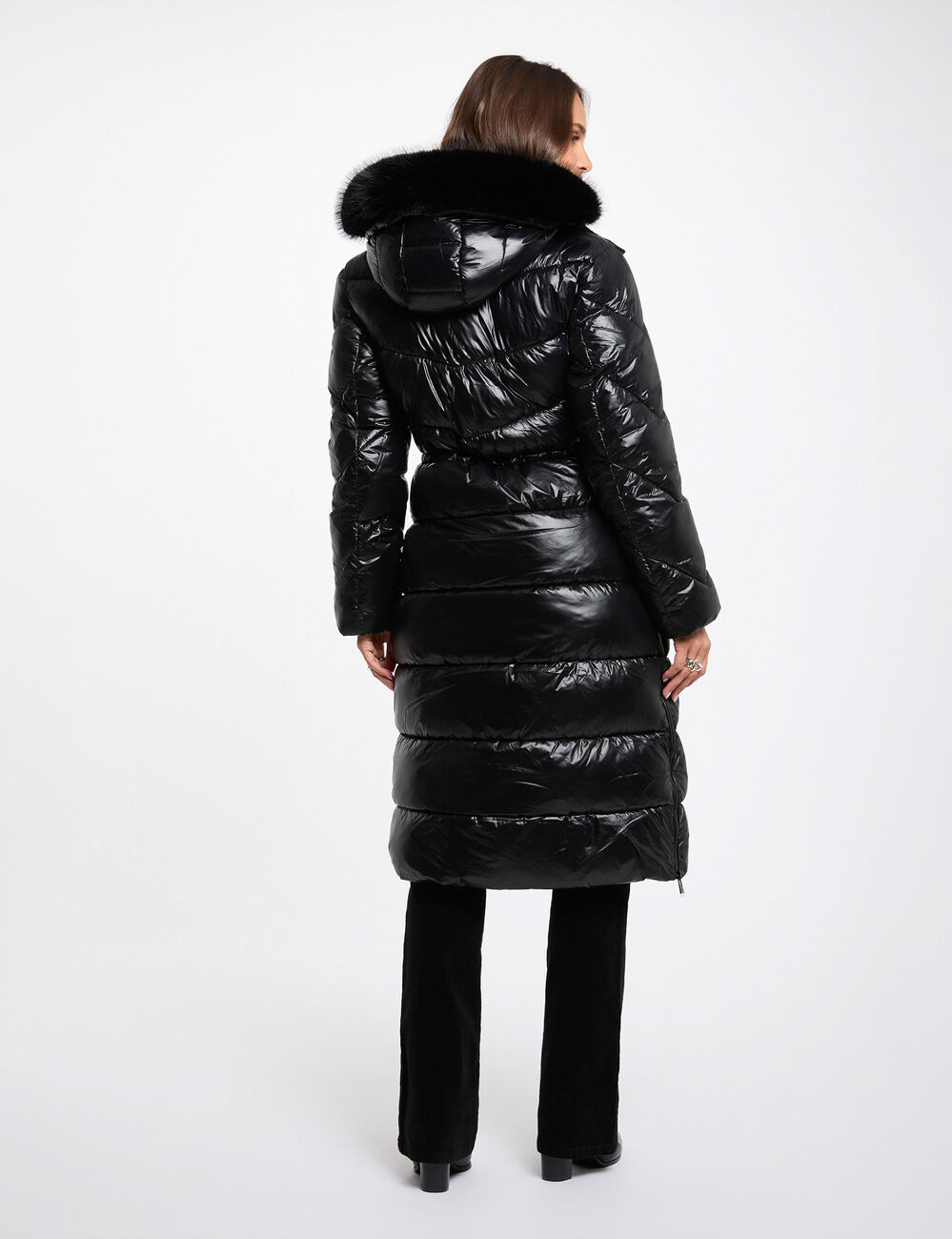Lange Daunenjacke mit Kunstfell schwarz damen