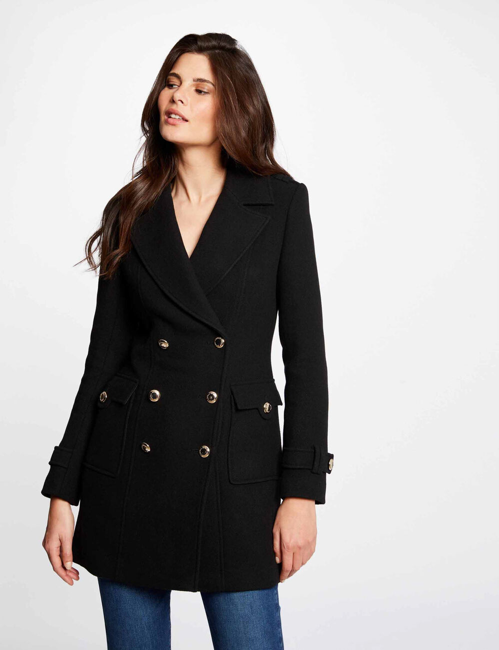 Manteau droit boutonn&eacute; noir femme