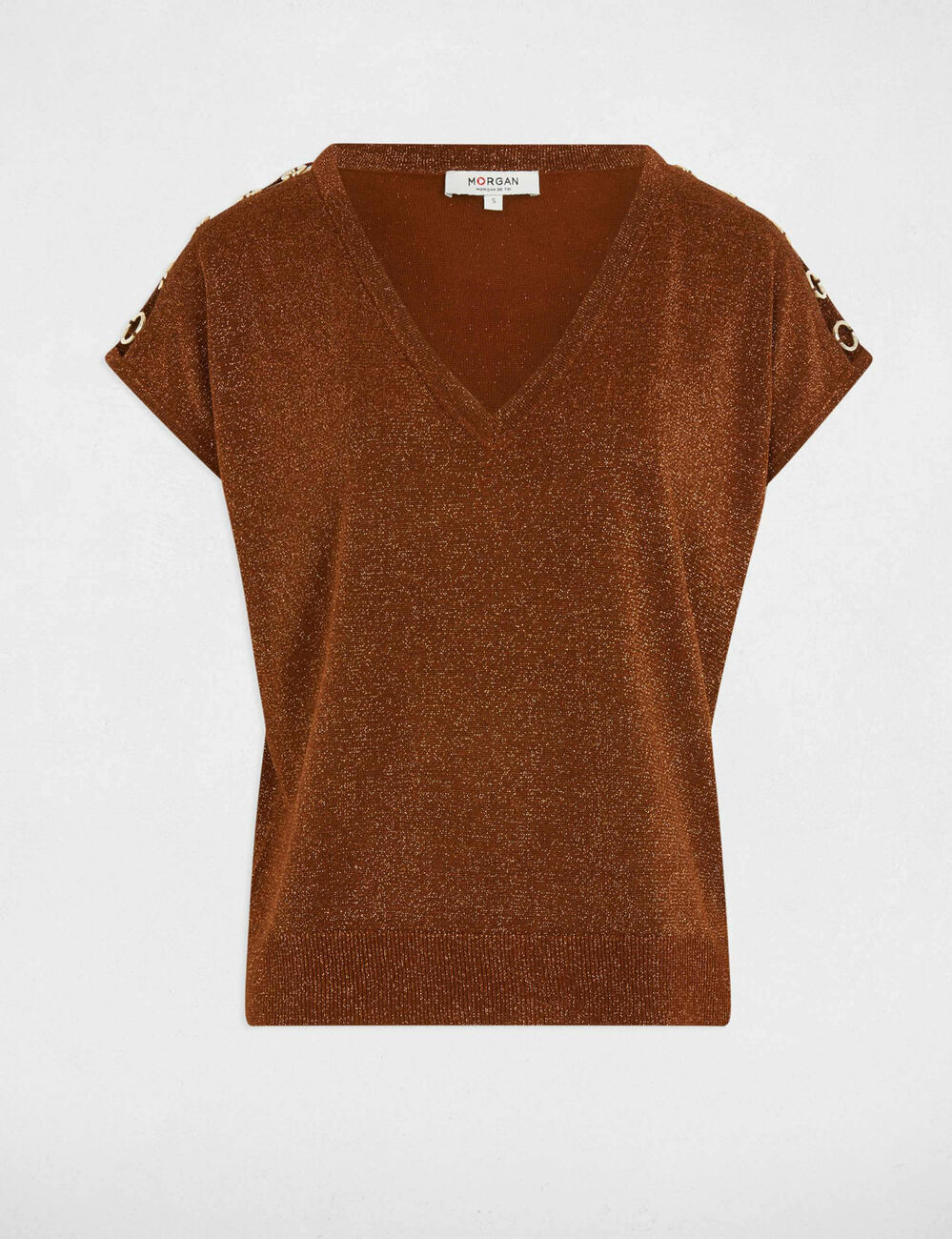 Pull col en V manches courtes marron cognac femme