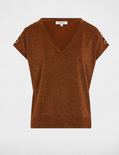 Kurzarm-Pullover mit V-Kragen cognacbraun damen