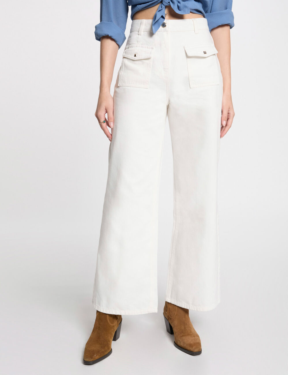 Jeans jambe large taille haute blanc femme