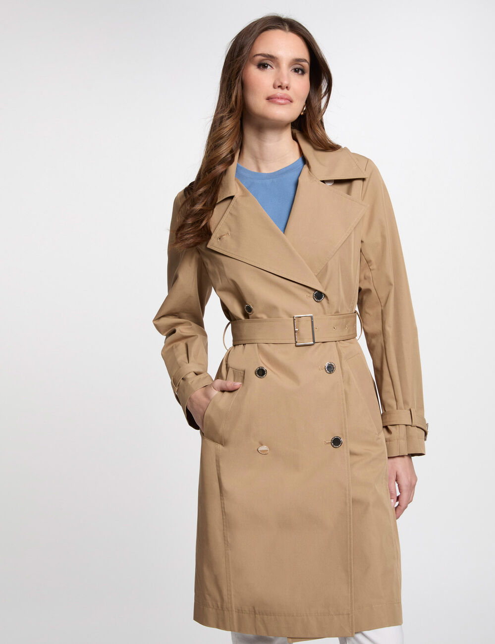 Langer Trenchcoat mit Gürtel beige damen