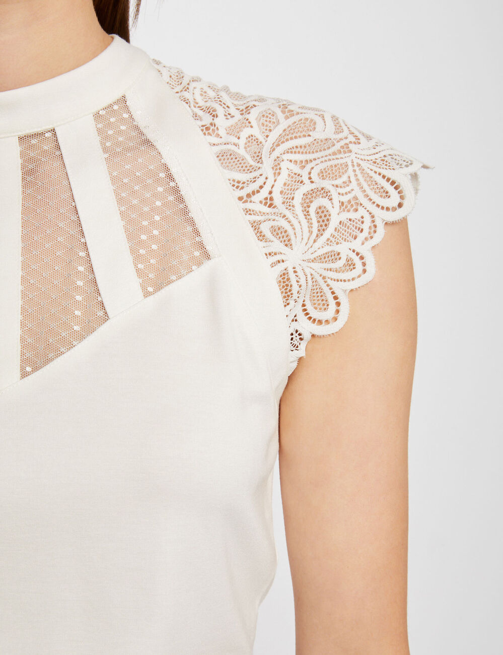 Kurzarm-T-Shirt mit Spitze elfenbein damen
