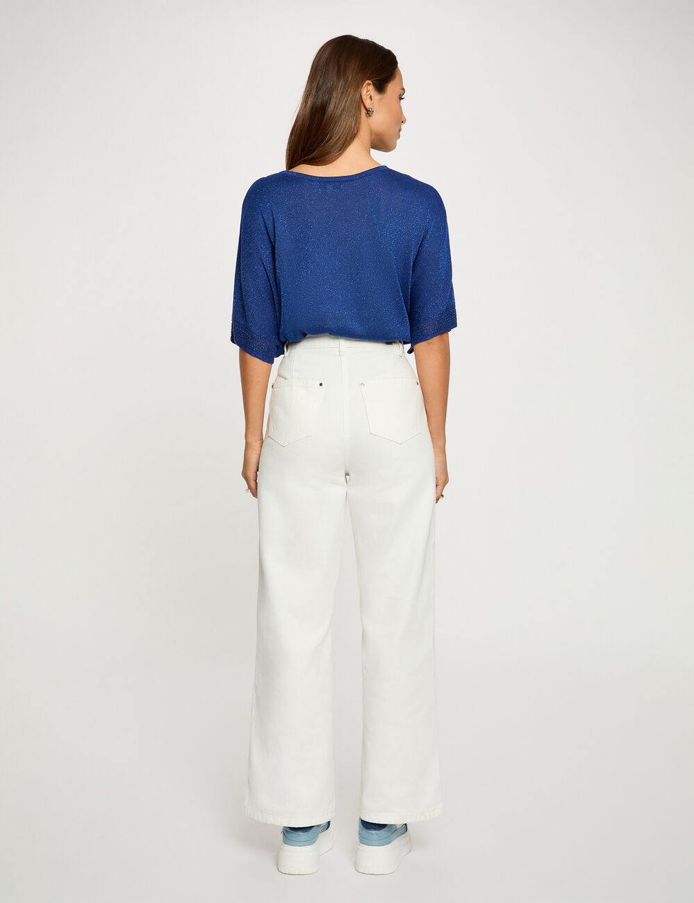 Pull col en V manches courtes bleu marine femme