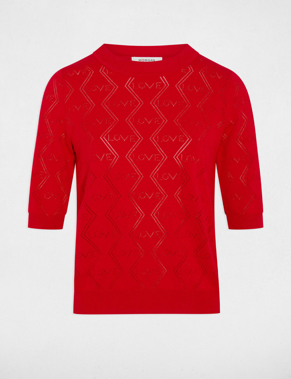 Pull ajour&eacute; manches 3/4 rouge femme