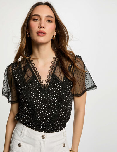 T-shirt manches courtes à pois noir femme