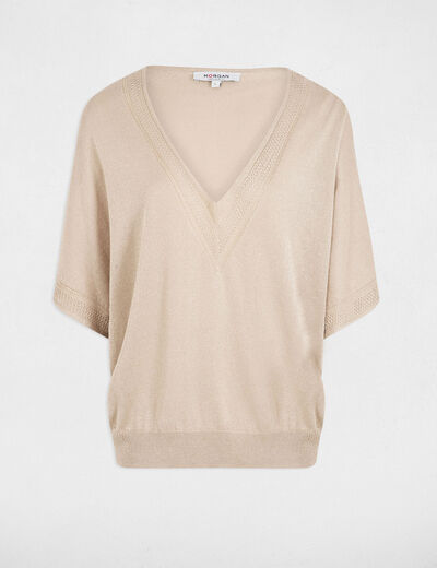 Kurzarm-Pullover mit V-Kragen sandfarben damen