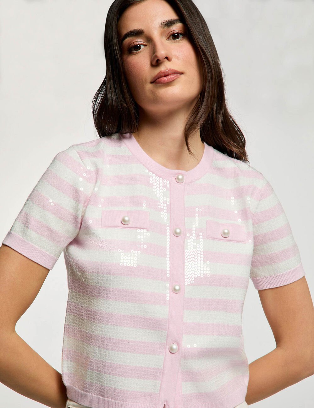 Gilet ray&eacute; sequins rose femme