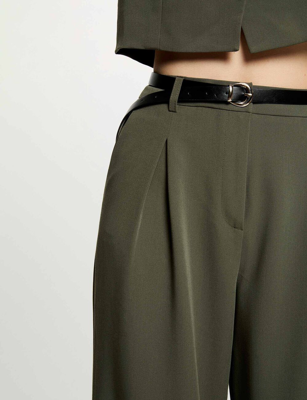 Pantalon large taille haute vert kaki femme