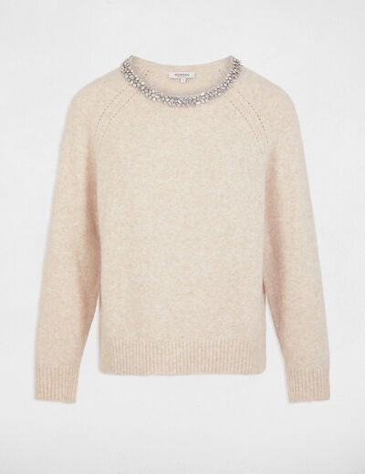 Pull col bateau détails bijoux beige femme
