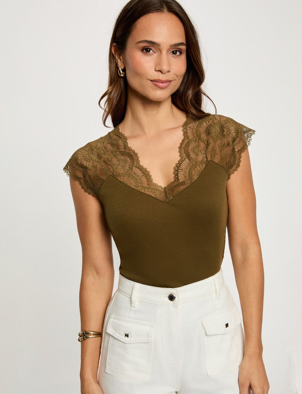 T-Shirt mit kurzen &Auml;rmeln khakigr&uuml;n damen