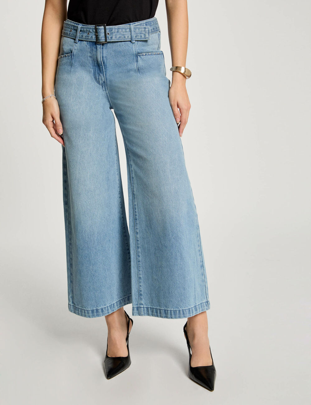 Jeans large 7/8ème ceinturé denim bleach femme