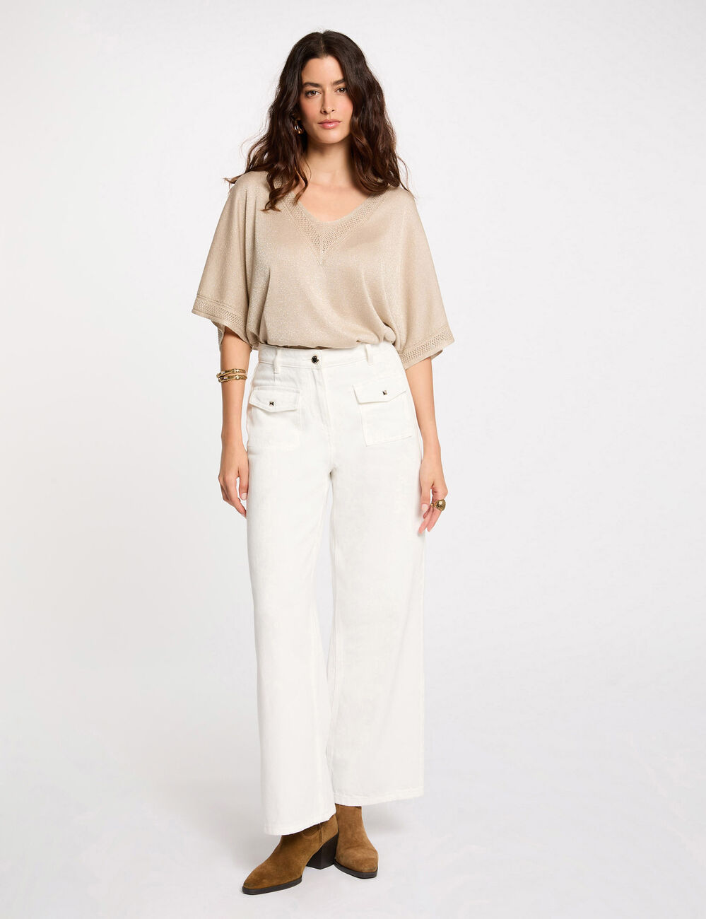 Pull col en V manches courtes sable femme