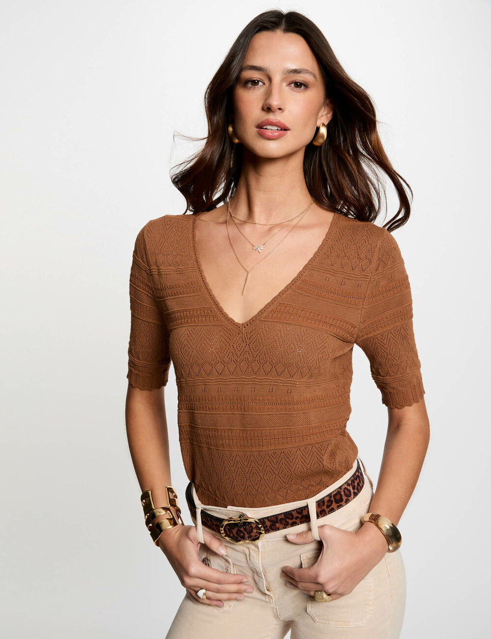 Pull manches courtes marron cognac femme