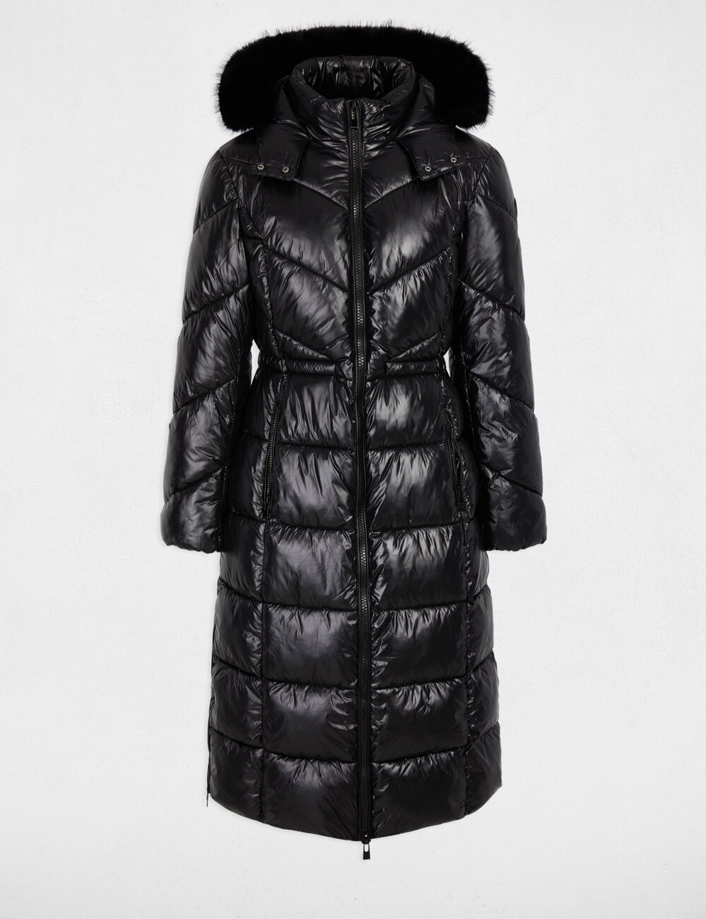 Lange Daunenjacke mit Kunstfell schwarz damen