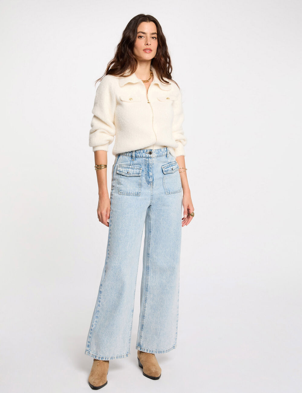 Gilet manches longues col à revers ivoire femme