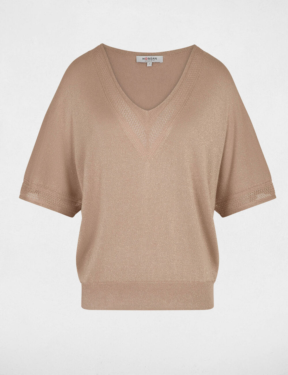 Pull col en V manches courtes taupe femme