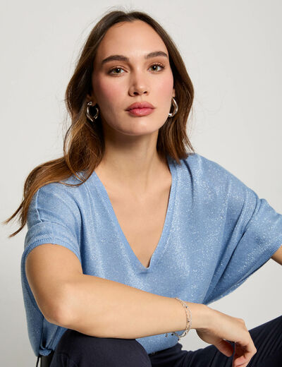 Pullover mit V-Ausschnitt und 3/4-Ärmeln bleu gris damen