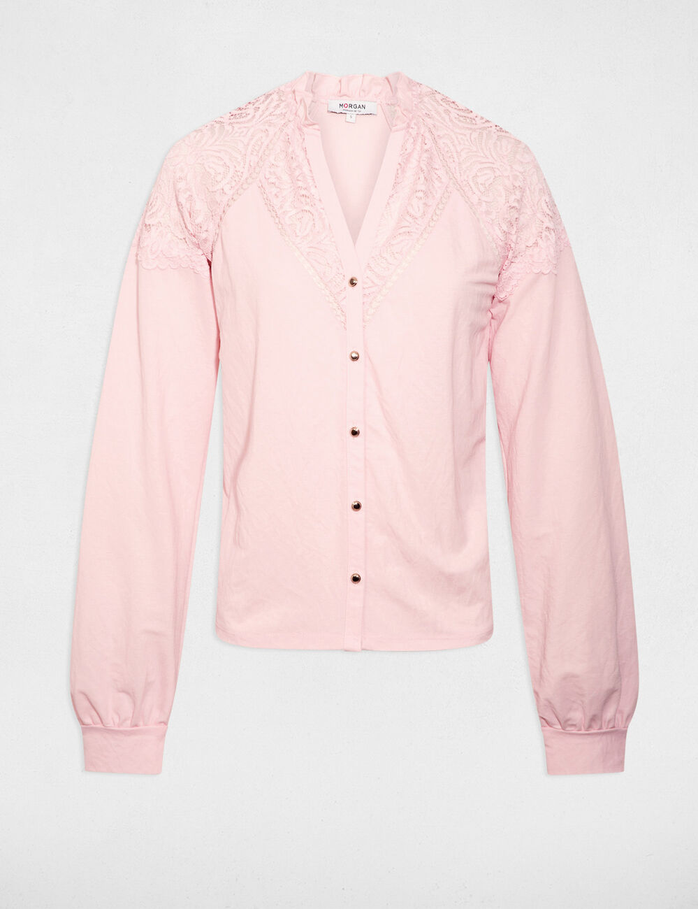 T-Shirt aus Spitze mit V-Ausschnitt hellrosa damen